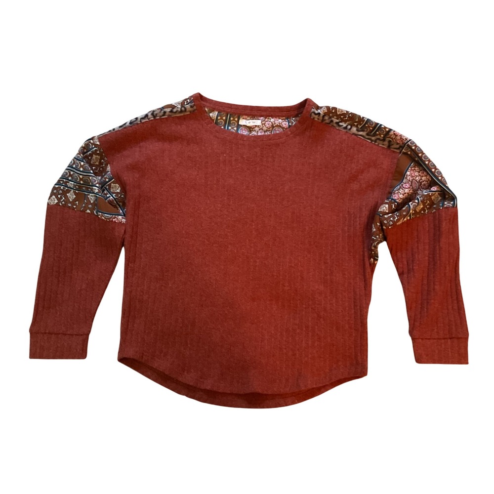 Maurices Rust Orange Ribbed Knit Paisley Patchwork Long Sleeve Top Medium